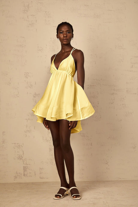 Destiny Mini Dress Yellow Shirred Flounced