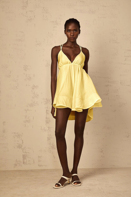 Destiny Mini Dress Yellow Shirred Flounced
