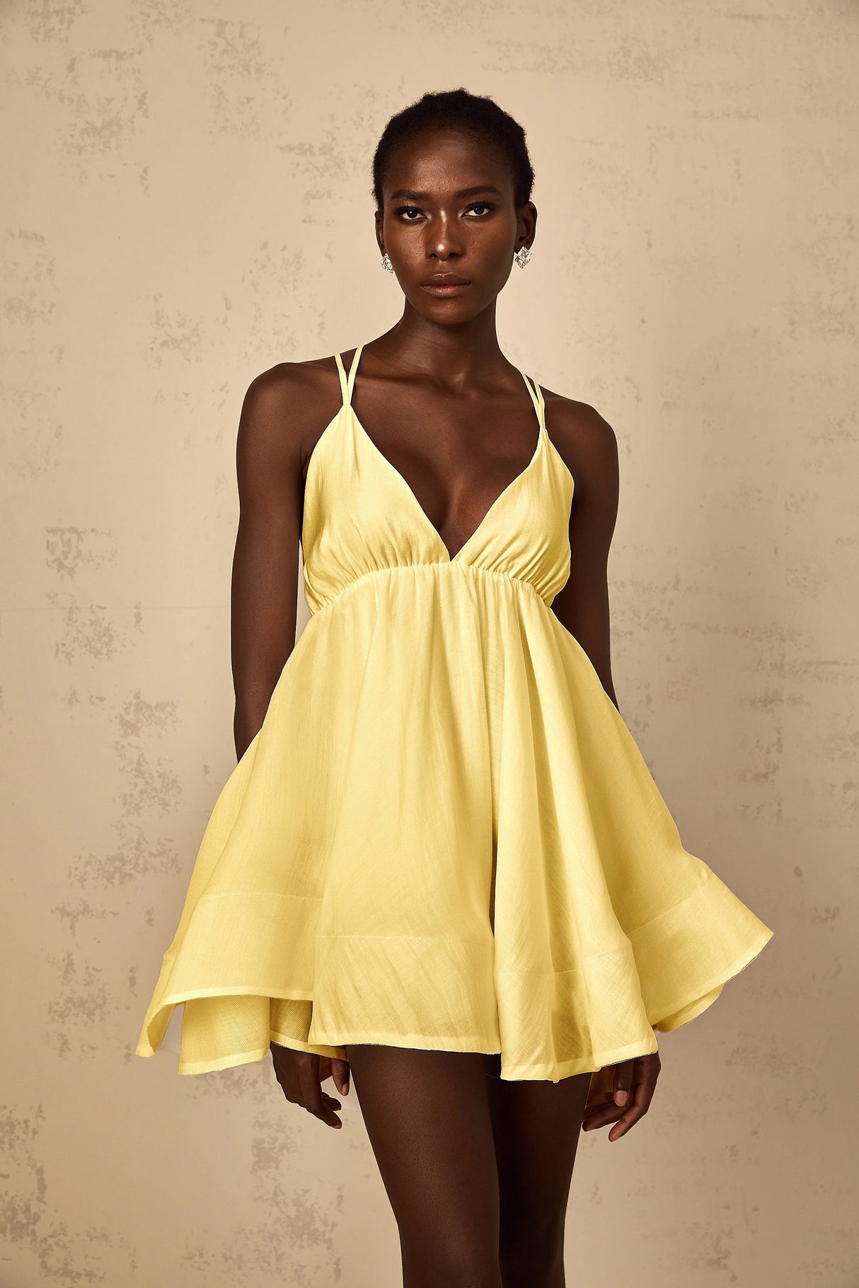 Quincie Yellow Shirred Flounced Mini Dress