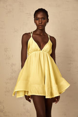 Quincie Yellow Shirred Flounced Mini Dress