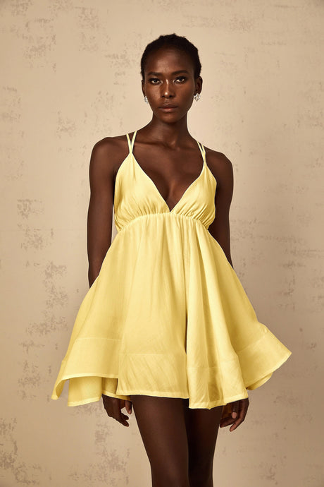 Destiny Mini Dress Yellow Shirred Flounced