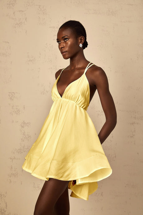 Destiny Mini Dress Yellow Shirred Flounced