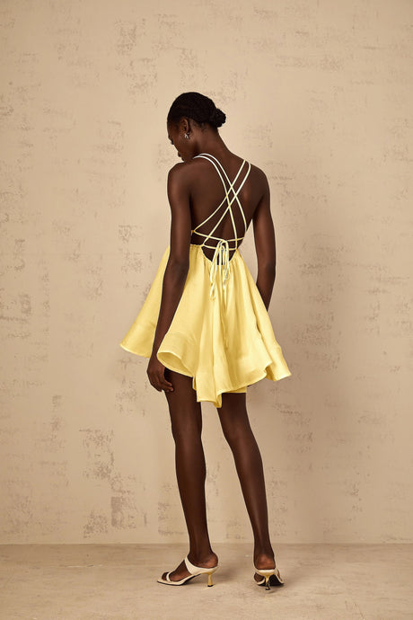 Destiny Mini Dress Yellow Shirred Flounced