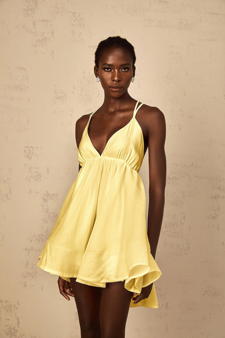 Destiny Mini Dress Yellow Shirred Flounced