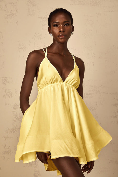 Destiny Mini Dress Yellow Shirred Flounced