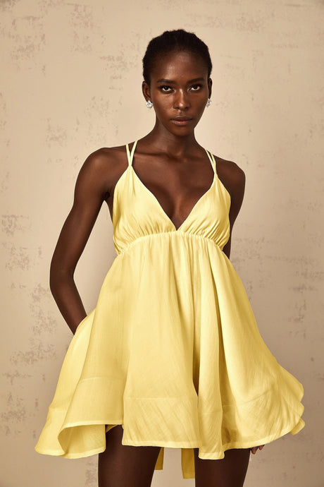 Destiny Mini Dress Yellow Shirred Flounced