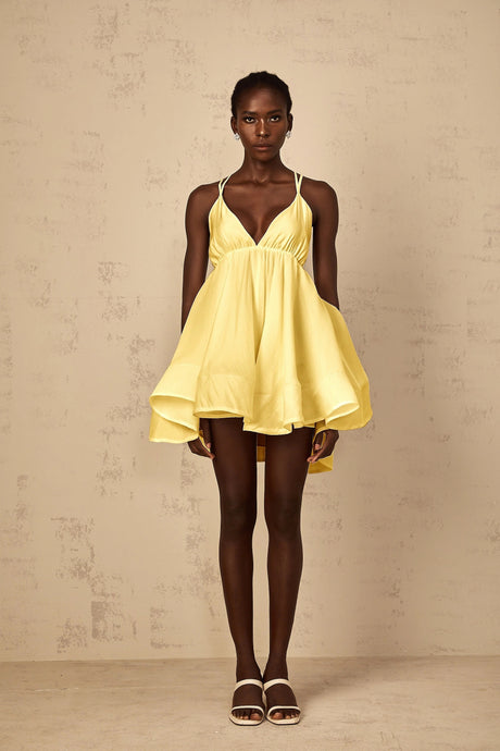 Destiny Mini Dress Yellow Shirred Flounced