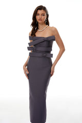Quinnie Grey Bandage Bodycon Maxi Dress with Bow