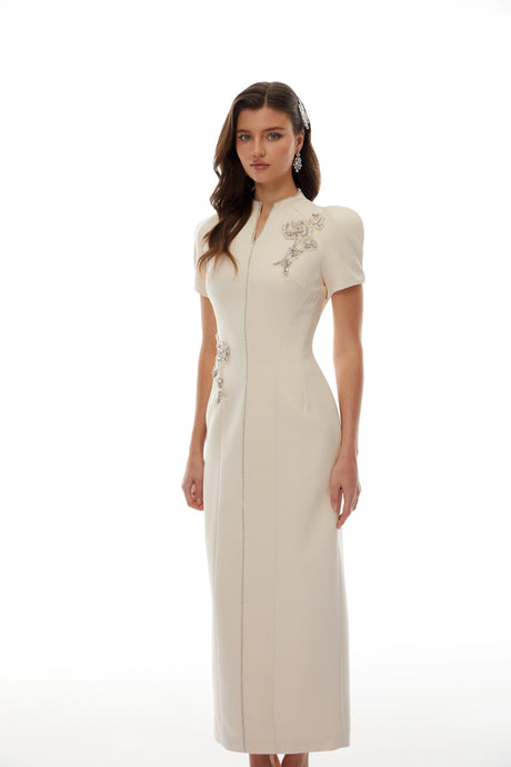 Camilla Midi Dress Neutral Floral Crystal