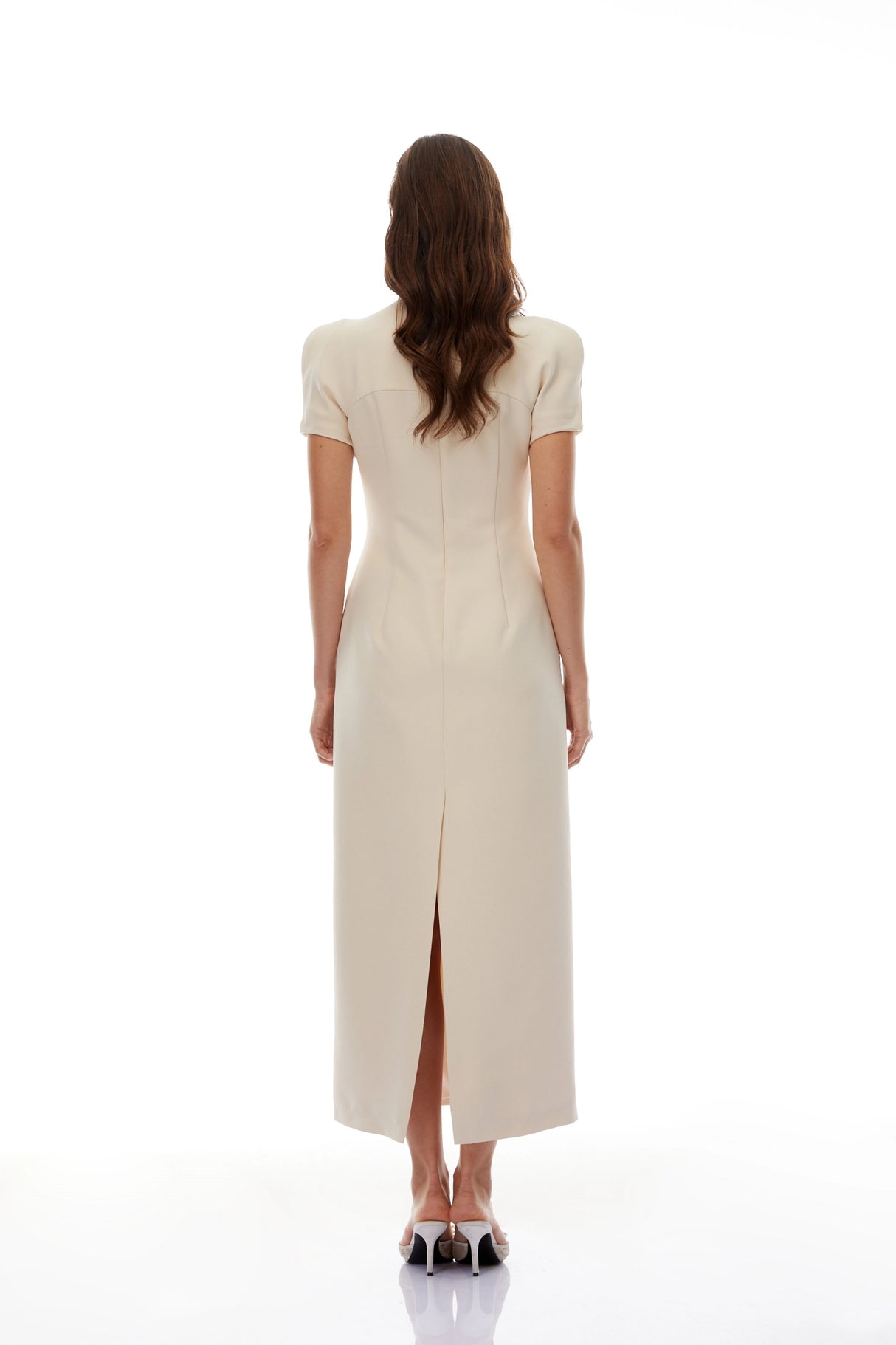 Quintella Neutral Floral Crystal Midi Dress