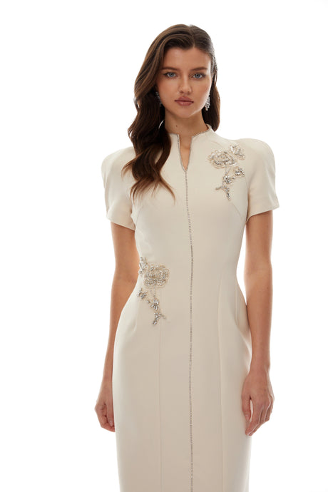 Camilla Midi Dress Neutral Floral Crystal