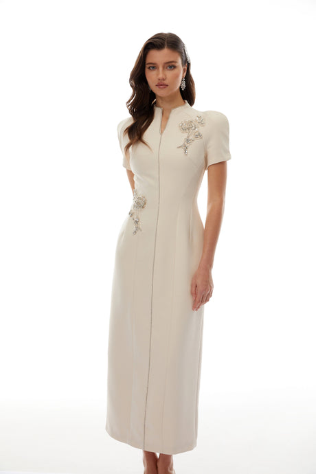 Camilla Midi Dress Neutral Floral Crystal