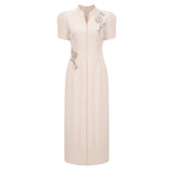 Quintella Neutral Floral Crystal Midi Dress