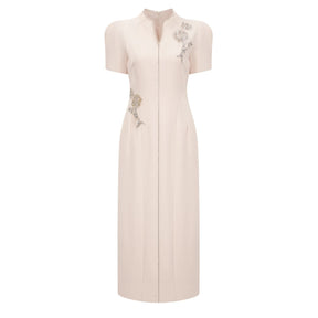 Quintella Neutral Floral Crystal Midi Dress
