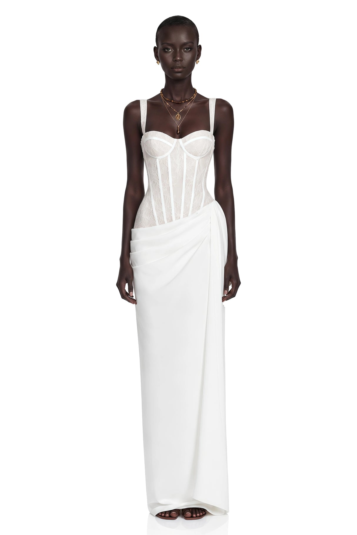 Quintina White Ruched Maxi Dress with Lace Panels