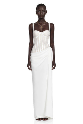 Quintina White Ruched Maxi Dress with Lace Panels