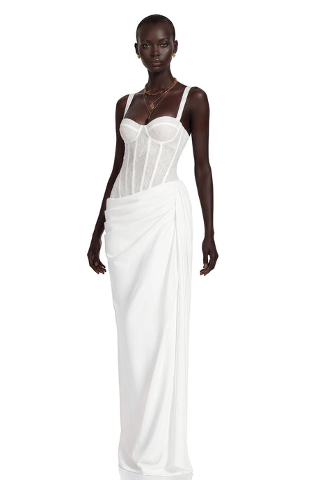 Melody Maxi Dress White Ruched with Lace Panels