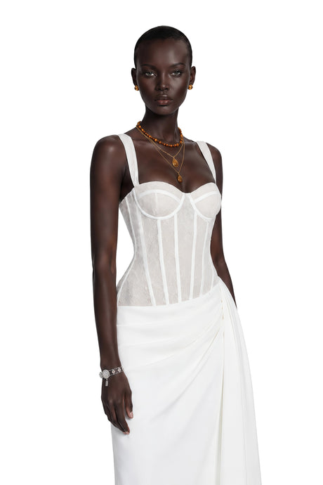 Melody Maxi Dress White Ruched with Lace Panels