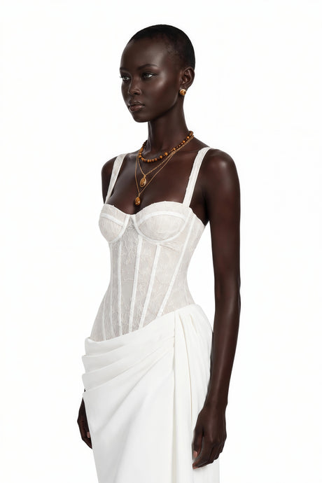 Melody Maxi Dress White Ruched with Lace Panels