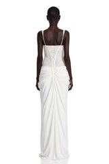 Quintina White Ruched Maxi Dress with Lace Panels