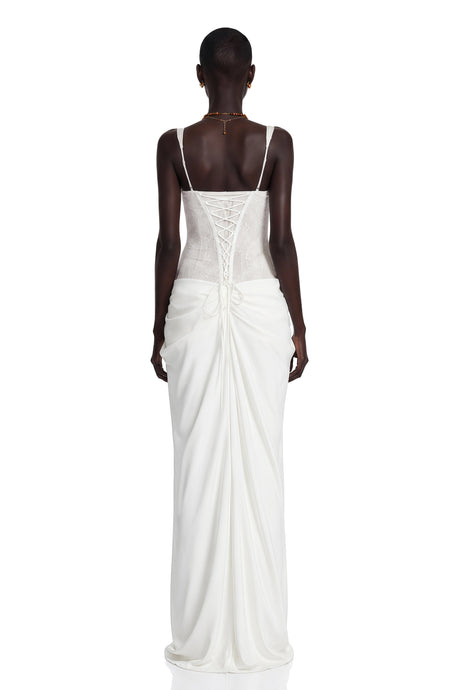 Melody Maxi Dress White Ruched with Lace Panels