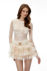 Quintina White Ruffled Lace Mini Dress with 3D Florals