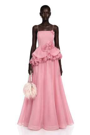 Quitterie Pink Asymmetrical Maxi Dress with 3D Florals