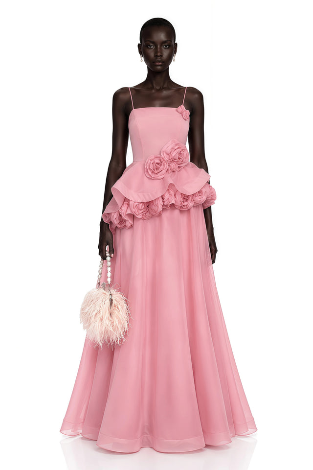Quitterie Pink Asymmetrical Maxi Dress with 3D Florals