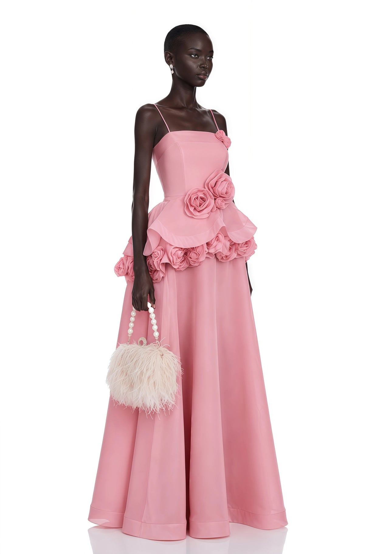 Quitterie Pink Asymmetrical Maxi Dress with 3D Florals