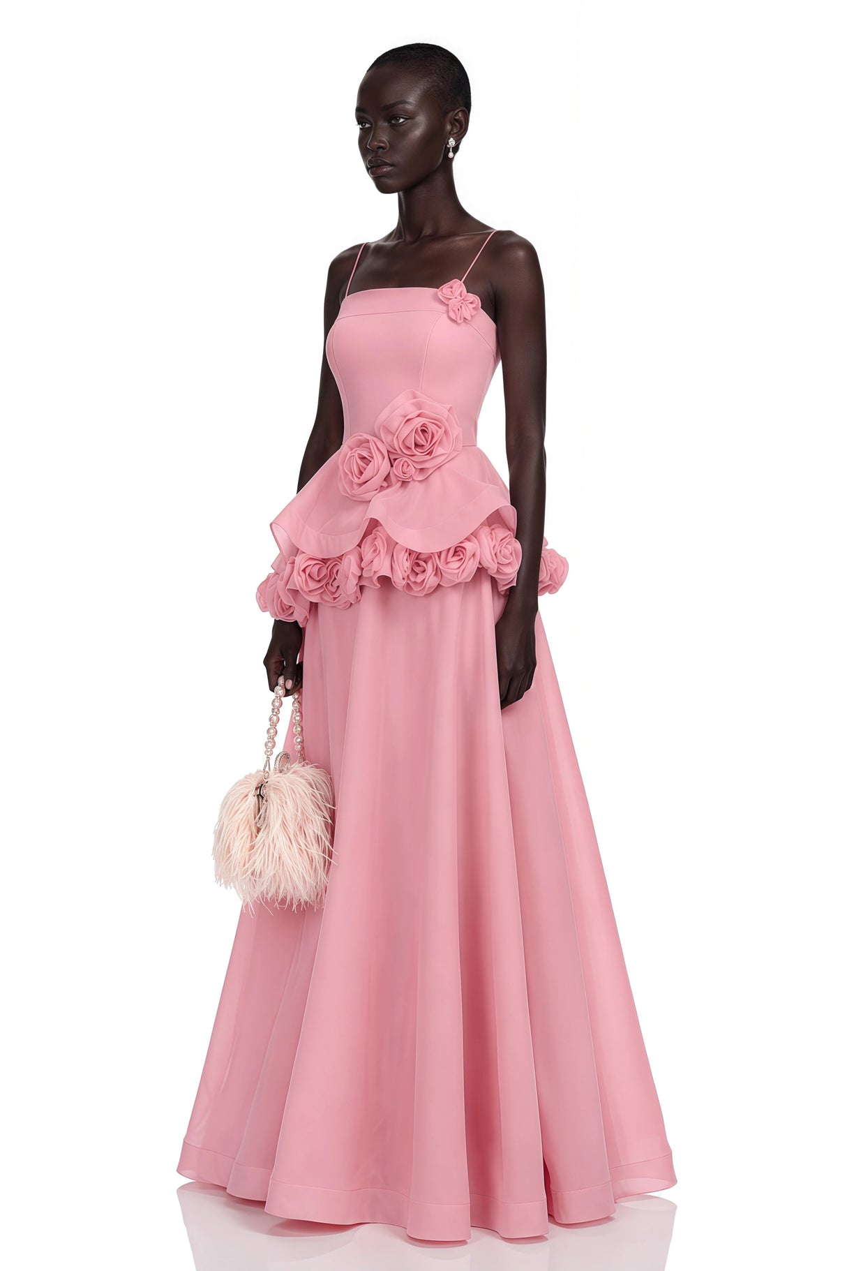 Quitterie Pink Asymmetrical Maxi Dress with 3D Florals