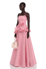 Quitterie Pink Asymmetrical Maxi Dress with 3D Florals