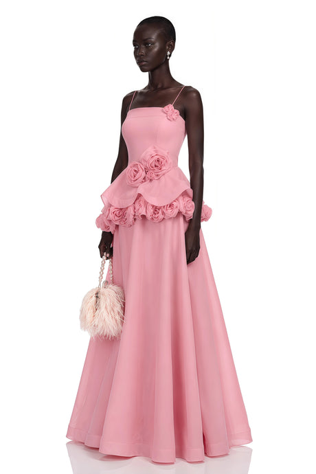 Bristol Maxi Dress Pink Asymmetrical with 3D Florals