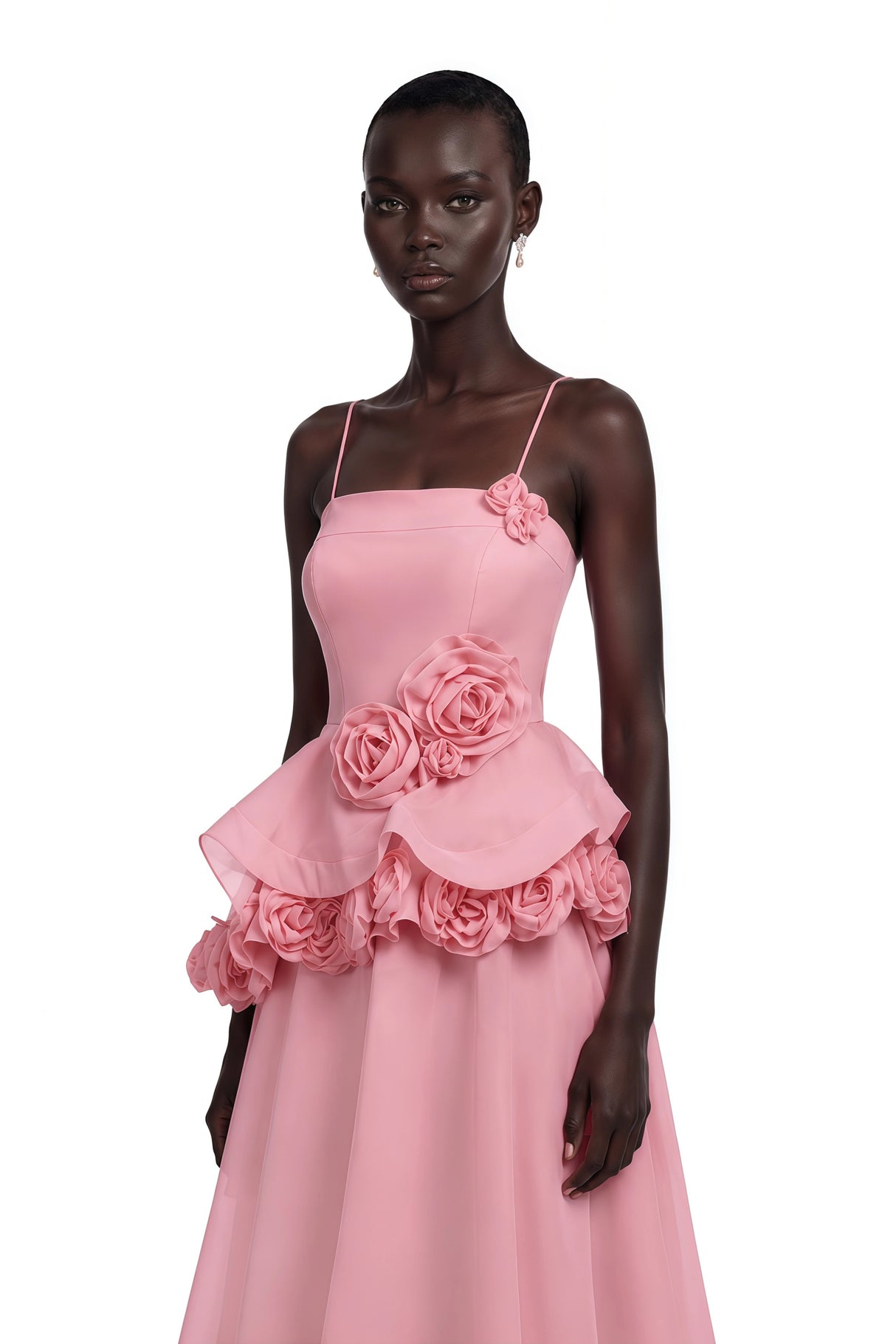 Quitterie Pink Asymmetrical Maxi Dress with 3D Florals