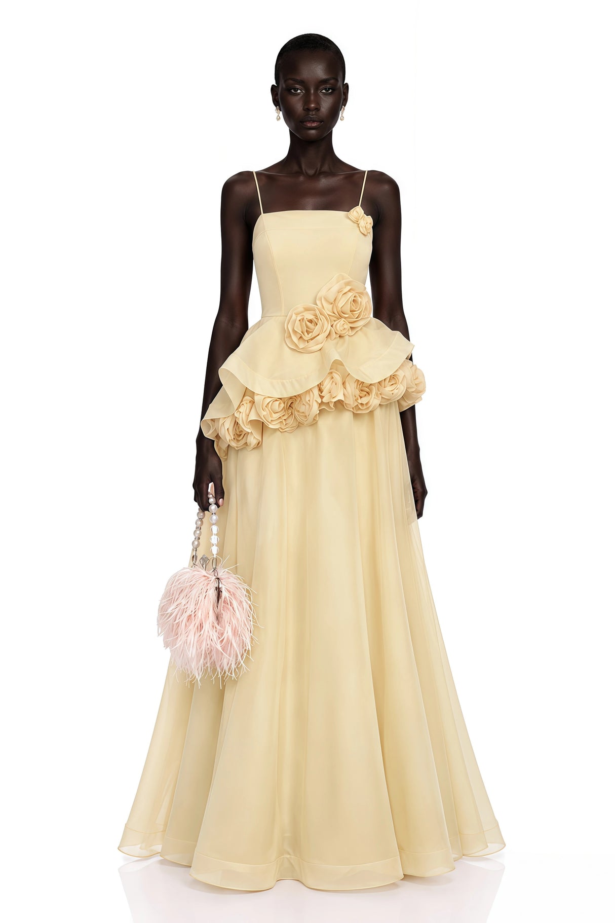 Quitterie Yellow Asymmetrical Maxi Dress with 3D Florals