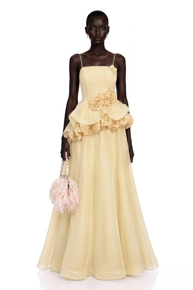 Quitterie Yellow Asymmetrical Maxi Dress with 3D Florals