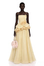 Quitterie Yellow Asymmetrical Maxi Dress with 3D Florals