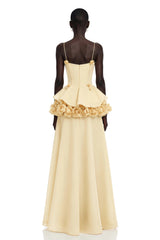 Quitterie Yellow Asymmetrical Maxi Dress with 3D Florals