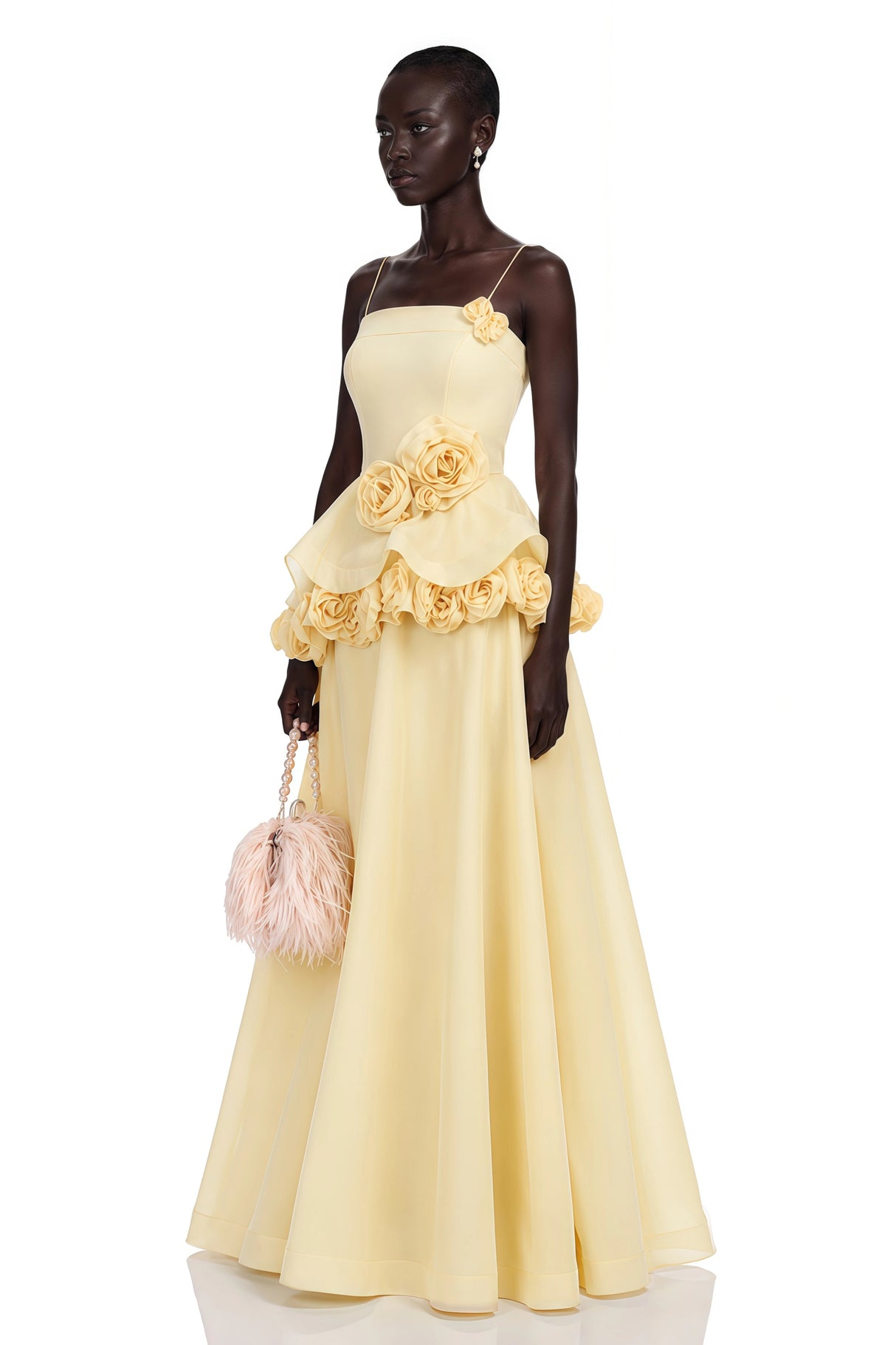 Quitterie Yellow Asymmetrical Maxi Dress with 3D Florals