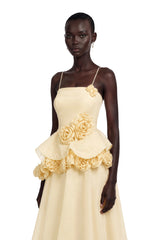 Quitterie Yellow Asymmetrical Maxi Dress with 3D Florals