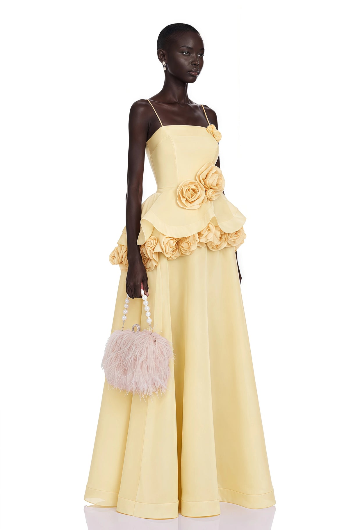 Quitterie Yellow Asymmetrical Maxi Dress with 3D Florals