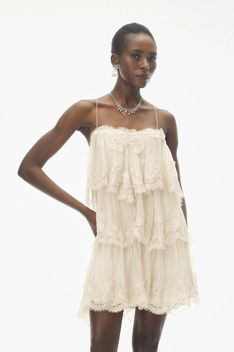 Emanuela Mini Dress Beige Tiered with Lace Trim