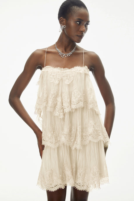 Emanuela Mini Dress Beige Tiered with Lace Trim