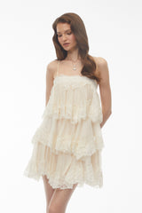 Rachel Beige Tiered Mini Dress with Lace Trim