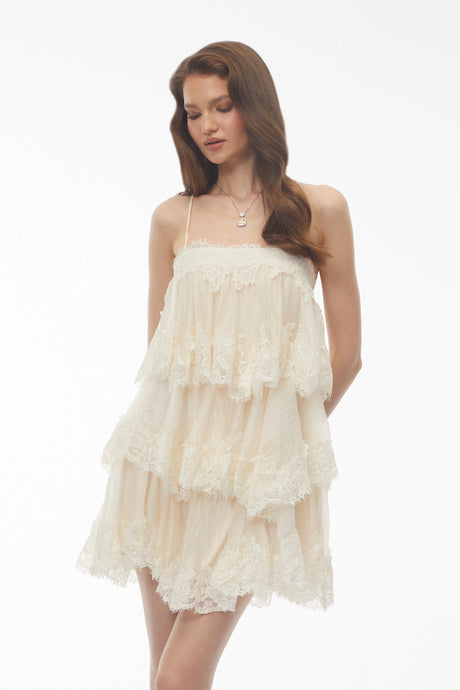 Ginetta Mini Dress Beige Tiered with Lace Trim
