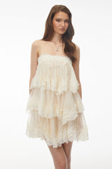 Rachel Beige Tiered Mini Dress with Lace Trim