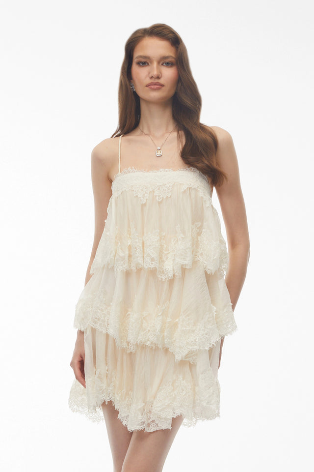 Rachel Beige Tiered Mini Dress with Lace Trim