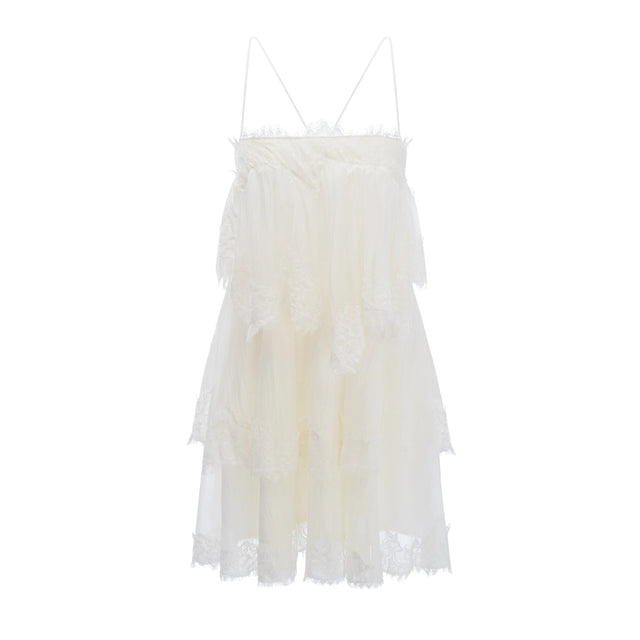 Rachel Beige Tiered Mini Dress with Lace Trim