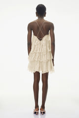 Rachel Beige Tiered Mini Dress with Lace Trim