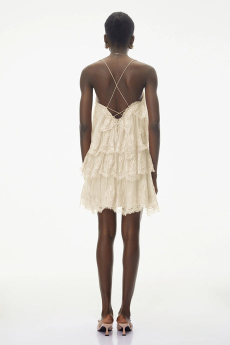 Emanuela Mini Dress Beige Tiered with Lace Trim