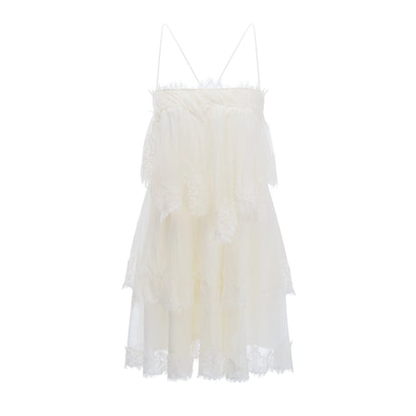 Ginetta Mini Dress Beige Tiered with Lace Trim